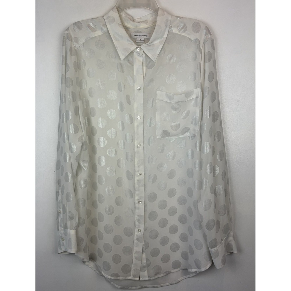 Sheer Polka Dot Top Womens XL White Silver Metallic Romantic Peasant Flowy